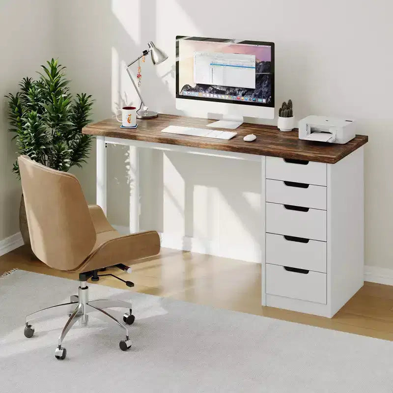 Scrivania per computer da 47 pollici con 5 cassetti, tavolo da studio/scrittura moderno rustico reversibile, workstation per ufficio domestico per piccoli spazi