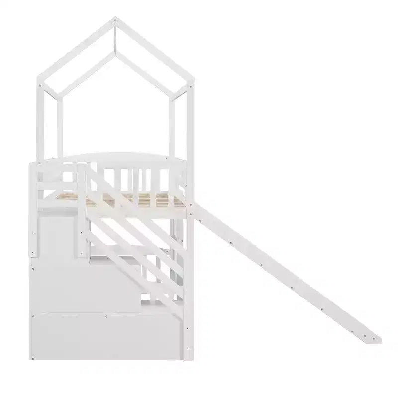Letto a soppalco a castello con scivolo e scale, letto a soppalco con cassetti contenitori, letto a soppalco in legno a capanna per bambini e neonati