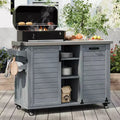 Isola cucina da esterno FAMYYT da 198,9 cm con piano di lavoro in acciaio inossidabile, stazione barbecue pieghevole e mobili contenitori, blu grigio