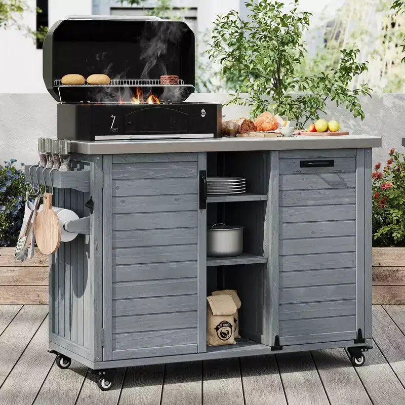 Isola cucina da esterno FAMYYT da 198,9 cm con piano di lavoro in acciaio inossidabile, stazione barbecue pieghevole e mobili contenitori, blu grigio
