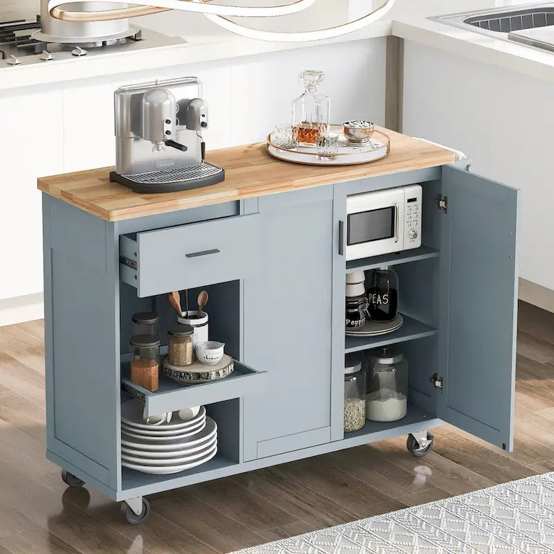 Isola da cucina con piano pieghevole, carrello da cucina con ripiano estraibile, portasciugamani e cassetto, ruote girevoli