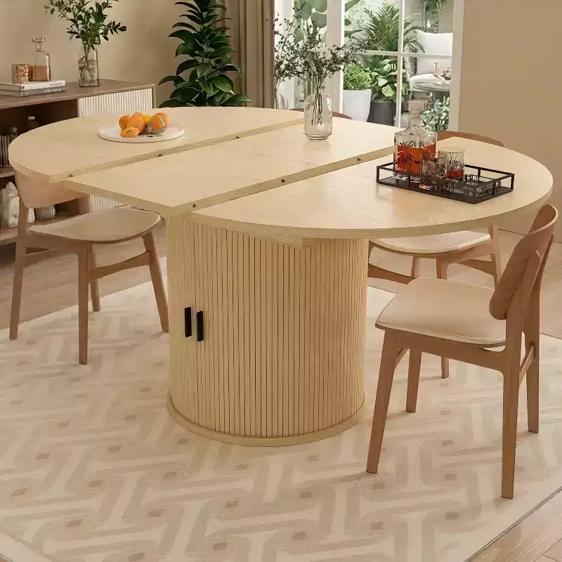 Dyonery 63 Tavolo da cucina e sala da pranzo rotondo allungabile con ripiano portaoggetti a 2 livelli, con base a piedistallo, mobili da pranzo in legno ovale, noce