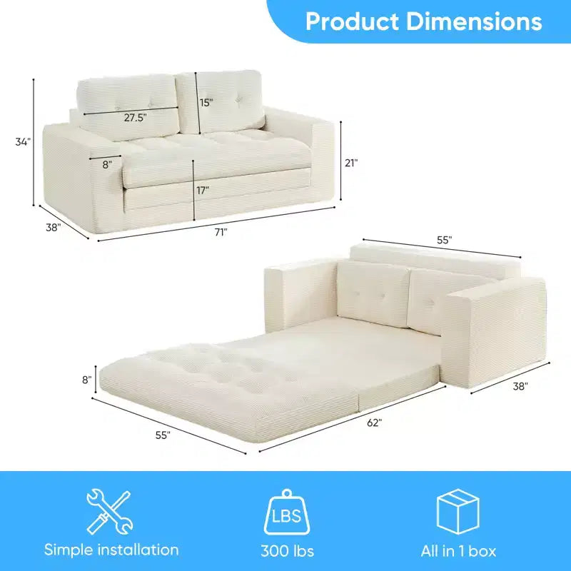 Mjkone Divano letto futon convertibile 2 in 1 da 180 cm, in tessuto a coste, pieghevole, con bottoni trapuntati, divanetto salvaspazio